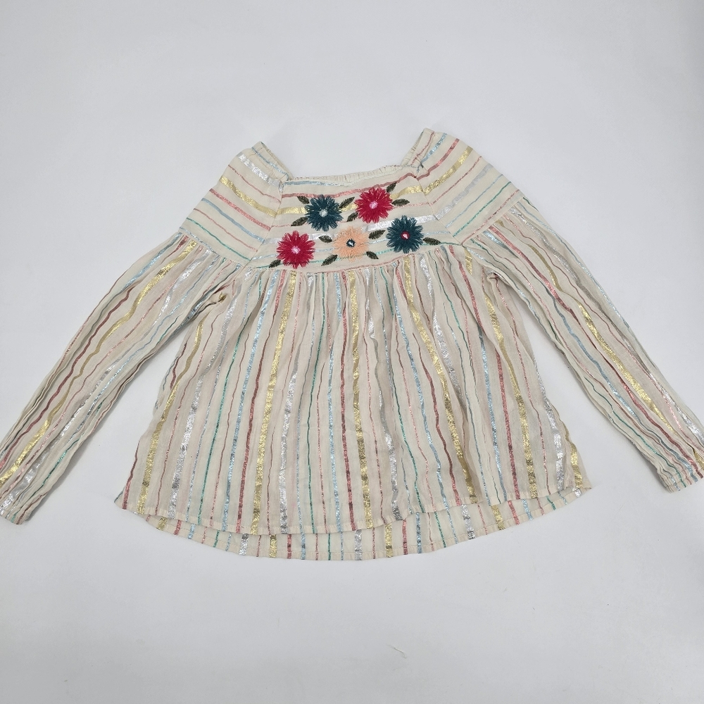 Peek Girl Striped Long Sleeve Top with Floral Embroidery Size 8